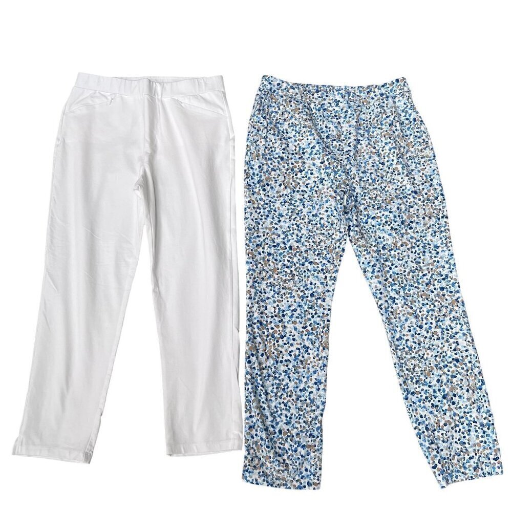Susan Graver Weekend Womens S Capris 2 Pair White & Blue Speckled Pull On Spring